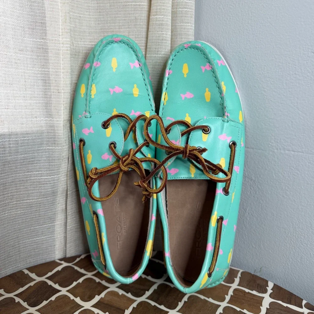 Froats Bermuda Breeze Boat Shoes‎ Fish Print Aqua Teal Leather Men's Size 10.5